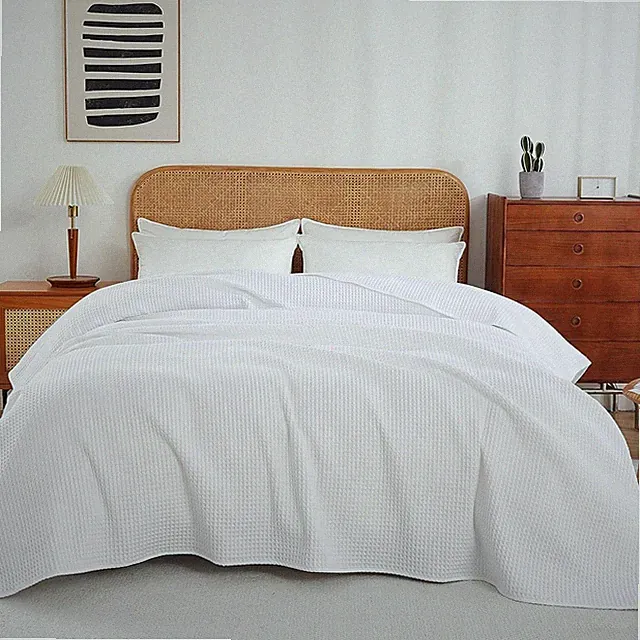 Queen 100% Egyptian Cotton Waffle Weave Throw Blanket Soft Lightweight Bed White