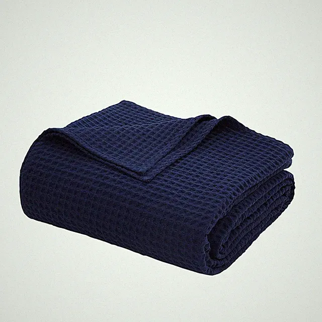 Queen 90x90" Navy Blue Egyptian Cotton Waffle Weave Throw Blanket for Bed Couch