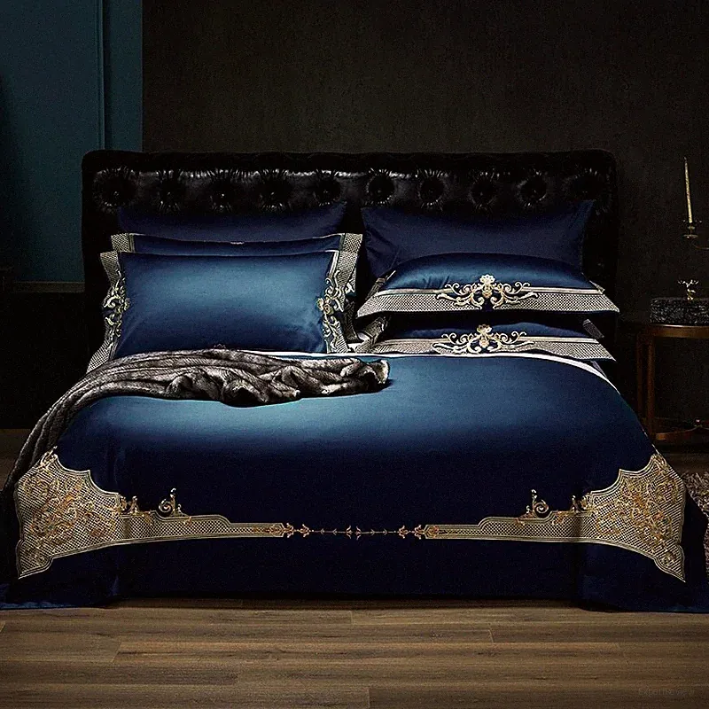 Royal Deep Ocean Topoz Blue Egyptian Cotton Silk Blend Quilt Cover Bedding Set