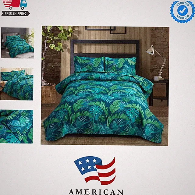 Tropical Green Palm Tree Leaf Print Bedspread Set - King Size Reversible Ligh...